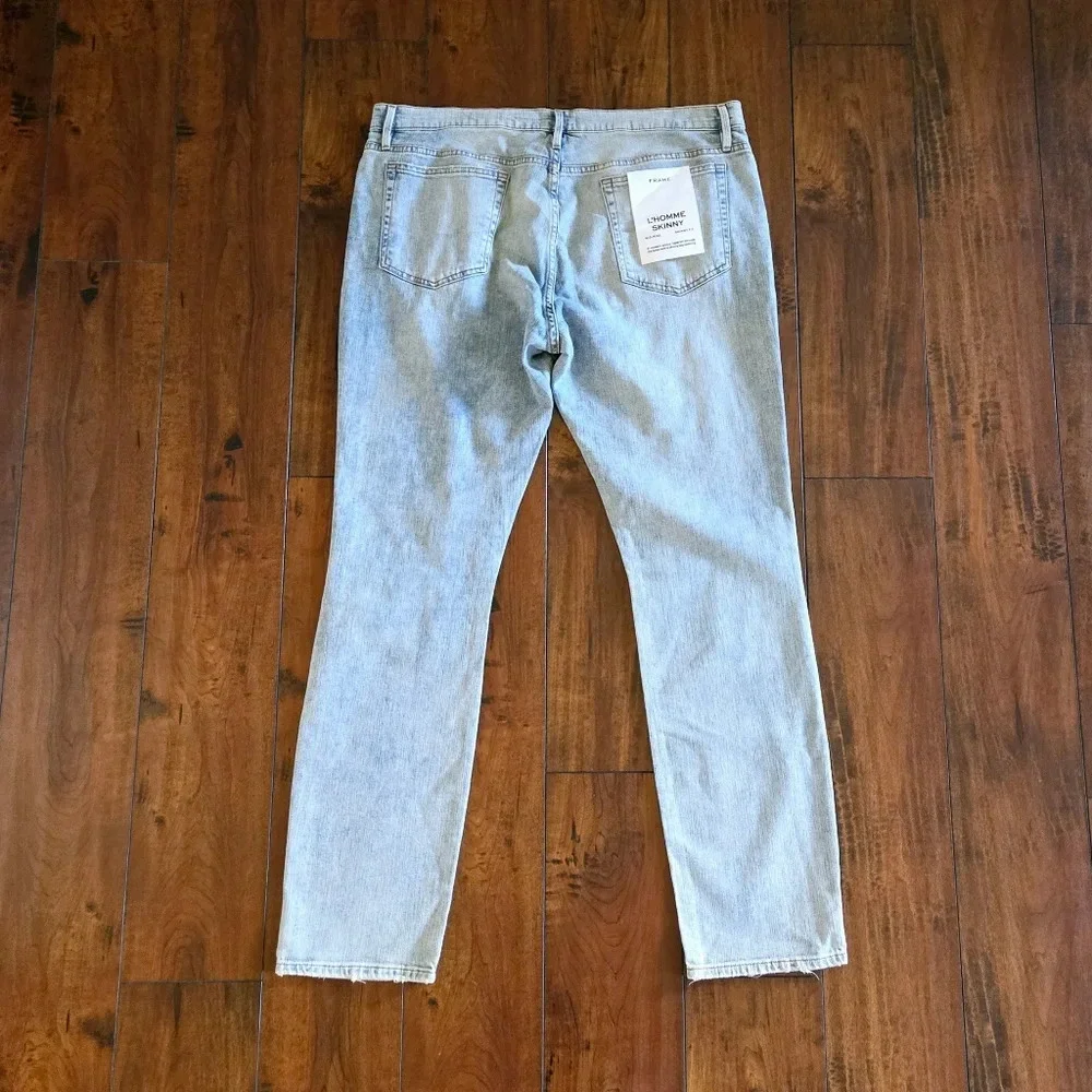 Frame Men's Denim L'Homme Skinny Fit Mid Rise Light Wash Distressed Jeans Sz 38